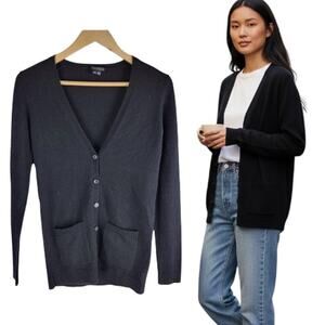 Theory Maira Royal Cashmere 1/2 Button Up Cardigan Black Long Sleeve